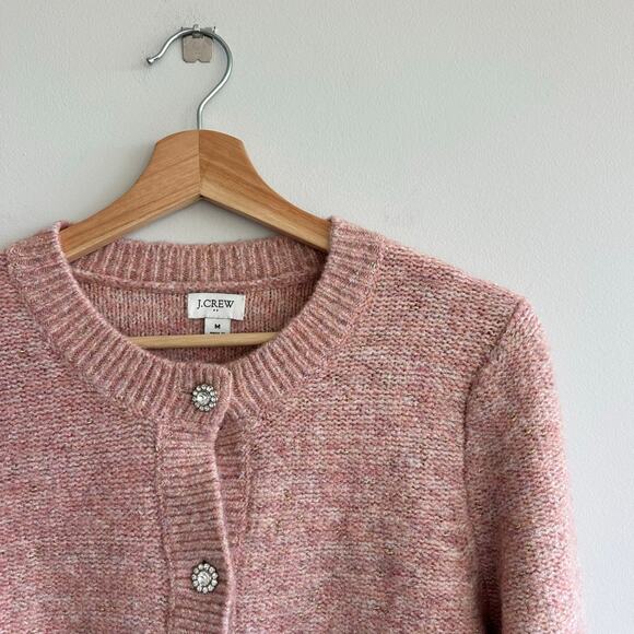 J. Crew Shimmer Lady Button Front Crew Neck Knit Cardigan Rose Blush Metallic M - Picture 4 of 11